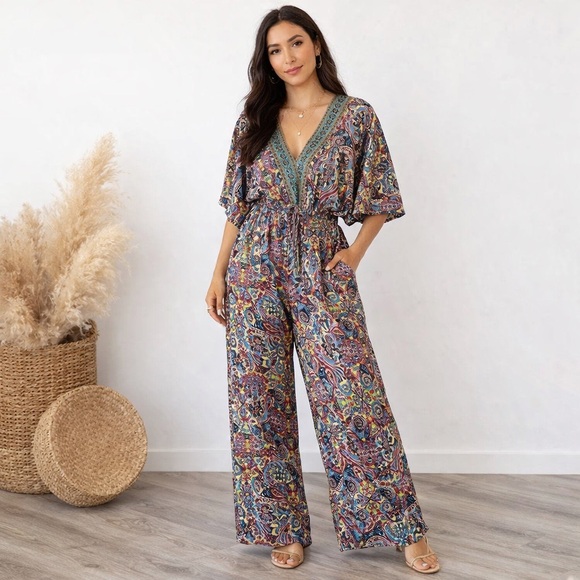 Rhea Pants - Rhea Rubi V Neck Jumpsuit in Teal And Burgundy Size OS NWT